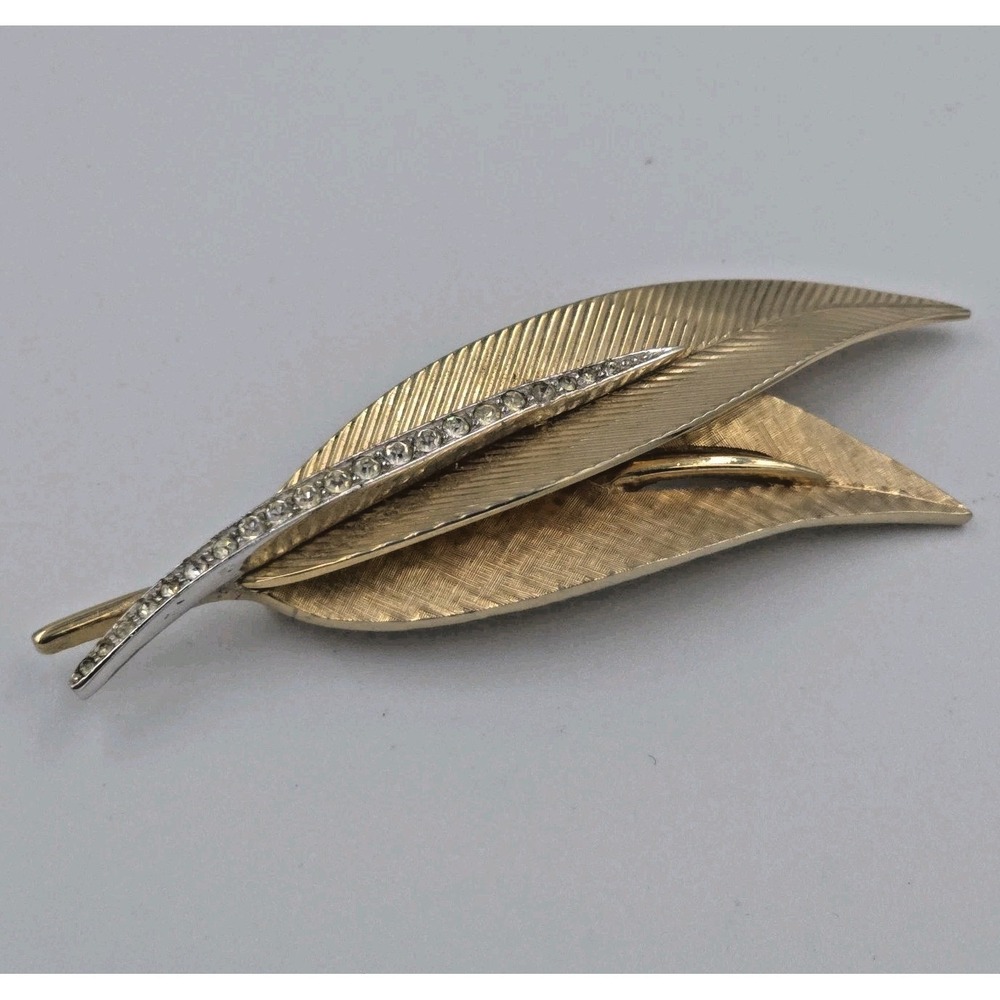 Marcel Boucher Leaf Brooch Gold tone Crystal Rhinestone Signed Pin
